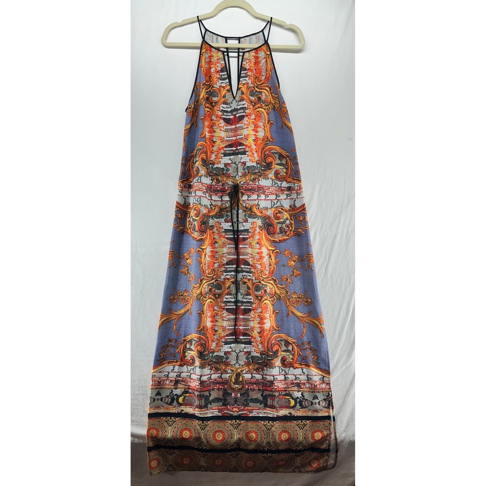 Clover Canyon Baroque Print Maxi Dress Blue Orange Sleeveless Keyhole Small